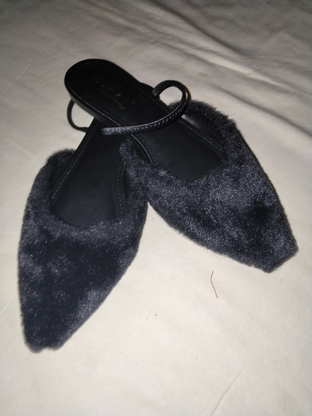 Glaze Black Faux-Fur Pointed Toe Slip-On Mules